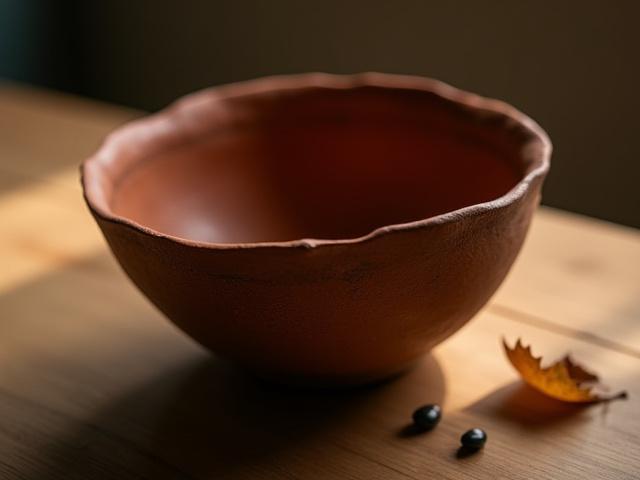 Eine rustikale, handgetöpferte Schale 'Erdklang' in natürlichen Erdtönen.