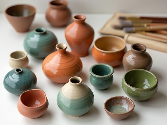 Fertige Keramikstücke mit verschiedenen Glasuren