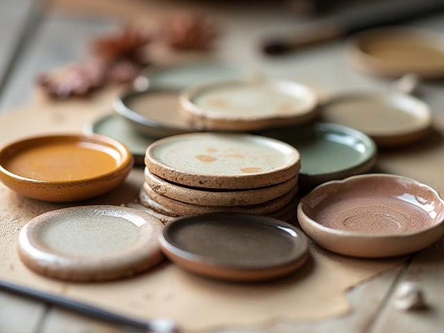 Nahaufnahme verschiedener Keramikglasuren und Veredelungseffekte