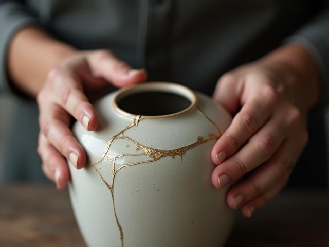 Eine geschickte Hand restauriert eine zerbrochene Keramikvase mit traditionellen Methoden