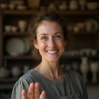 Porträt der Gründerin, einer Töpferin mit leicht verschmierten Händen vor einem Regal voller Keramik