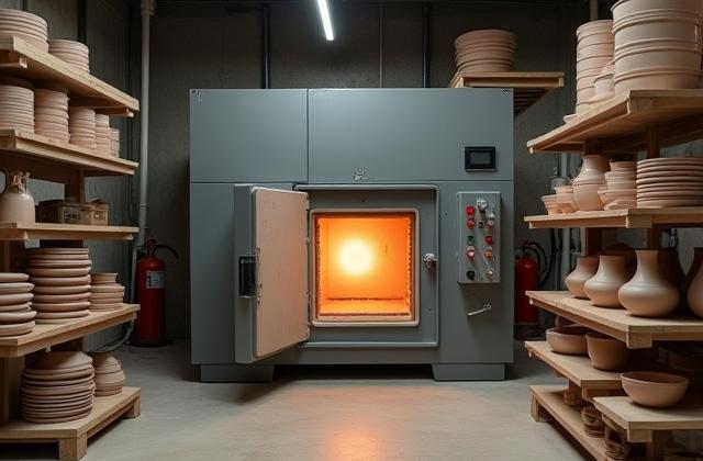 Brennöfen im Atelier, mit gestapelten unglasierten Töpferwaren